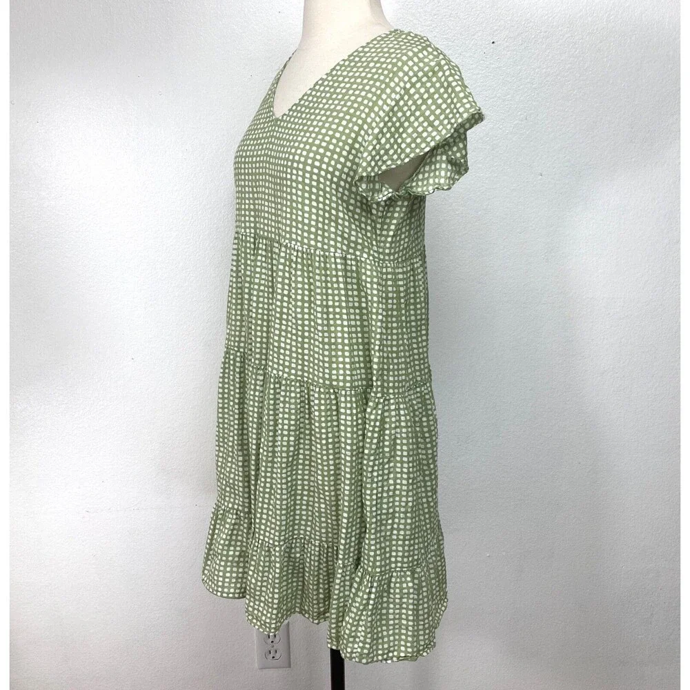 Indigo Soul Woman Green Gingham Dress Small Cotten Rayon Baby Doll Layers Summer
